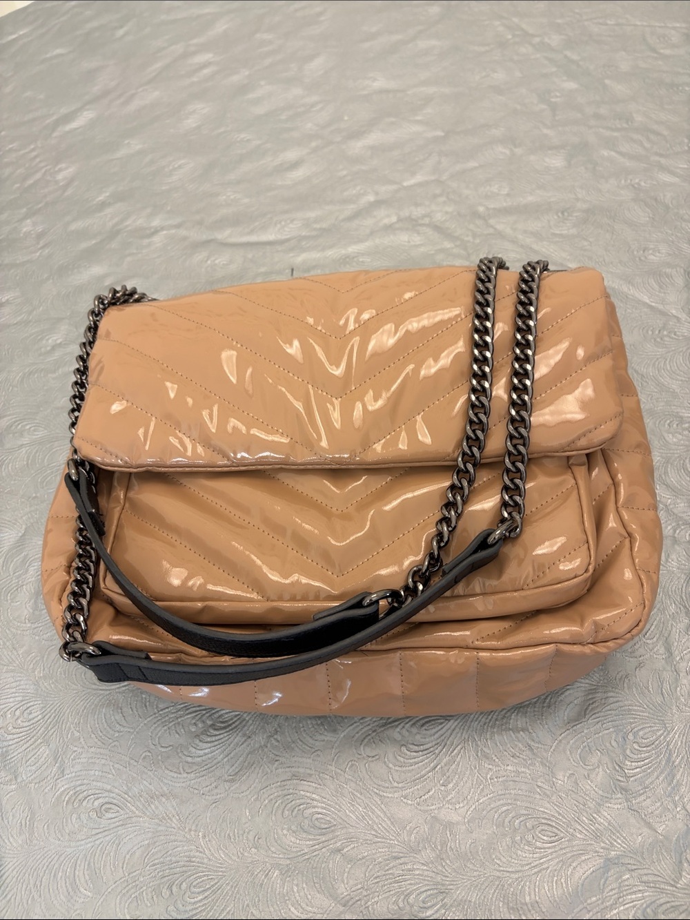 Think Royln Patent Chevron Quilted Shoulder Bag in Nude Patent